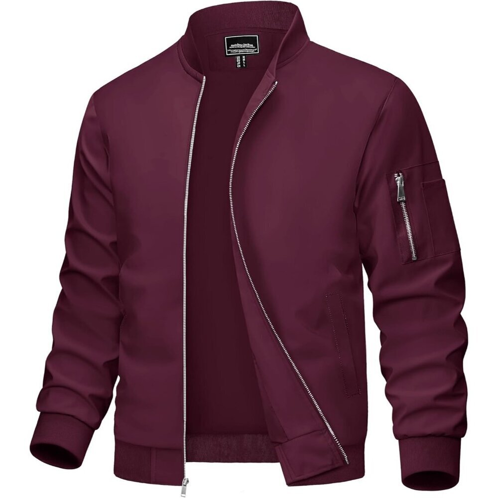 🆕 Men Red Bomber Jacket Lightweight Casual Windbreaker Full Zip Spring Coat